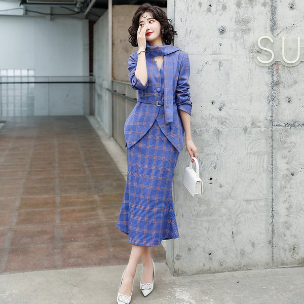 Plaid suit skirt women elegant suit fishtail skirt 2 piece set formal skirt suits for women skirts blazer and skirt set women