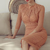Plain Elegant Lace Dress 2022 Spring Stand-Up Collar Three-Quarter Sleeves High Waist Perspective Sexy Back Hollow Party Dress