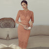 Plain Elegant Lace Dress 2022 Spring Stand-Up Collar Three-Quarter Sleeves High Waist Perspective Sexy Back Hollow Party Dress