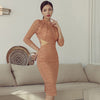 Plain Elegant Lace Dress 2022 Spring Stand-Up Collar Three-Quarter Sleeves High Waist Perspective Sexy Back Hollow Party Dress