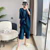 Pleated 2023 Spring Autumn Two Piece Sets Women Stripe Printed Vintage Suit Wide Leg Pants Loose Designer Clothes