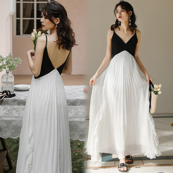 Pleated Ruffle suspender skirt women's light ripe style black and white patchwork dress French light Wedding Dress Holiday Beach