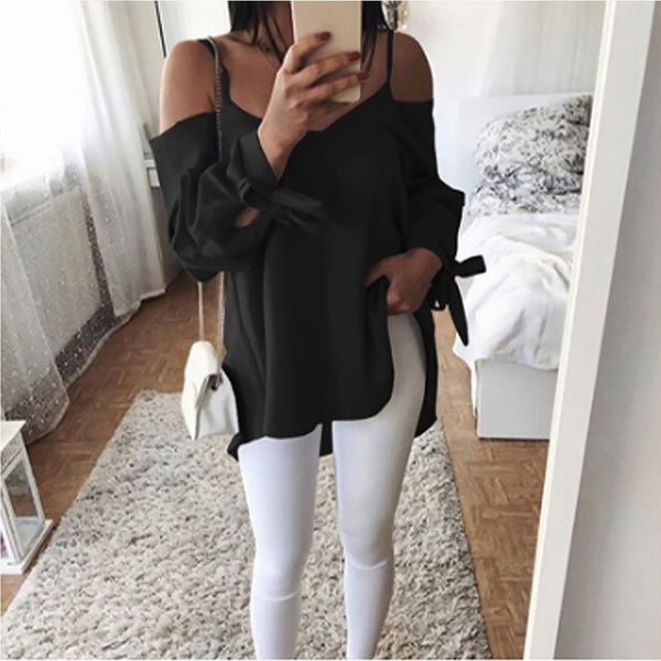 Plus Size 2022 Autumn Women Sexy V-Neck Long Sleeve Off Shoulder Bow Tie Blouse Shirt Fashion Solid Party Club Loose Top Blusas