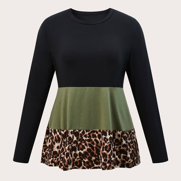 Plus Size 4XL Blouses Women's 2023 Autumn Patchwork Leopard Long Sleeve Tops O Neck Casual T Shirt Loose Oversized Clothing