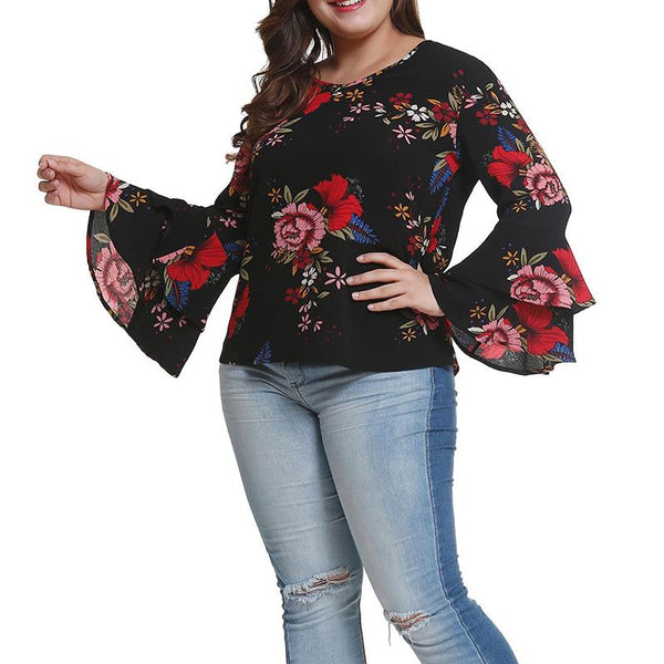 Plus Size 4XL Floral Flower Print Blouse Shirt Women V-Neck Long Sleeve Casual Tunic Tops And Blouses WS9317X