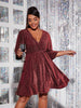 Plus Size 4XL Glitter Midi Dress for Chubby Women Autumn Half Sleeve V Neck Red Clothing  Elegant Large Evening Party Dresses