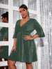 Plus Size 4XL Glitter Midi Dress for Chubby Women Autumn Half Sleeve V Neck Red Clothing  Elegant Large Evening Party Dresses