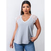 Plus Size 4XL Lace T Shirts Women's Short Sleeve V Neck Solid Oversized Blouses 2023 Summer Casual Cotton Elegant Grey Tops