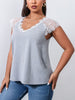 Plus Size 4XL Lace T Shirts Women's Short Sleeve V Neck Solid Oversized Blouses 2023 Summer Casual Cotton Elegant Grey Tops