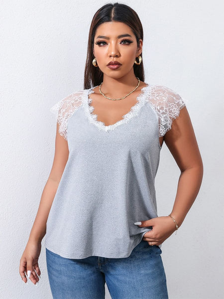 Plus Size 4XL Lace T Shirts Women's Short Sleeve V Neck Solid Oversized Blouses 2023 Summer Casual Cotton Elegant Grey Tops