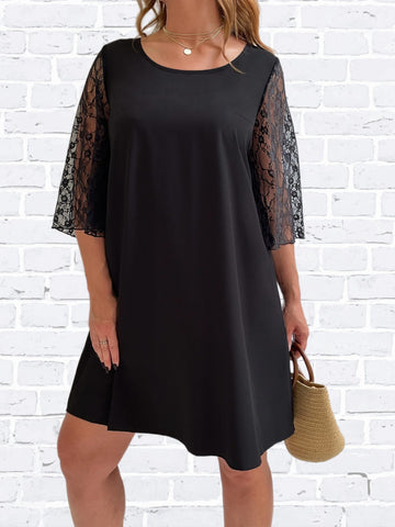 Plus Size 4XL Midi Dress for Women Half Lace Sleeve Autumn Black Ladies Loose Cotton Casual Elegant Oversized Party Dresses