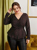 Plus Size 4XL Sequin Peplum Blouses Women's Long Sleeve Oversized Tops 2023 Autumn V Neck Elegant Solid T Shirts Large Clothing