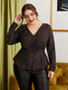 Plus Size 4XL Sequin Peplum Blouses Women's Long Sleeve Oversized Tops 2023 Autumn V Neck Elegant Solid T Shirts Large Clothing