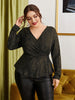 Plus Size 4XL Sequin Peplum Blouses Women's Long Sleeve Oversized Tops 2023 Autumn V Neck Elegant Solid T Shirts Large Clothing