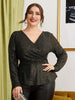 Plus Size 4XL Sequin Peplum Blouses Women's Long Sleeve Oversized Tops 2023 Autumn V Neck Elegant Solid T Shirts Large Clothing