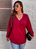Plus Size 4XL V Neck Blouse Women's 2023 Autumn Red Elegant Oversized Loose Curvy Tops Long Sleeve Causal Solid T Shirts