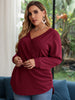Plus Size 4XL V Neck Blouse Women's 2023 Autumn Red Elegant Oversized Loose Curvy Tops Long Sleeve Causal Solid T Shirts