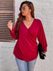 Plus Size 4XL V Neck Blouse Women's 2023 Autumn Red Elegant Oversized Loose Curvy Tops Long Sleeve Causal Solid T Shirts