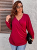 Plus Size 4XL V Neck Blouse Women's 2023 Autumn Red Elegant Oversized Loose Curvy Tops Long Sleeve Causal Solid T Shirts