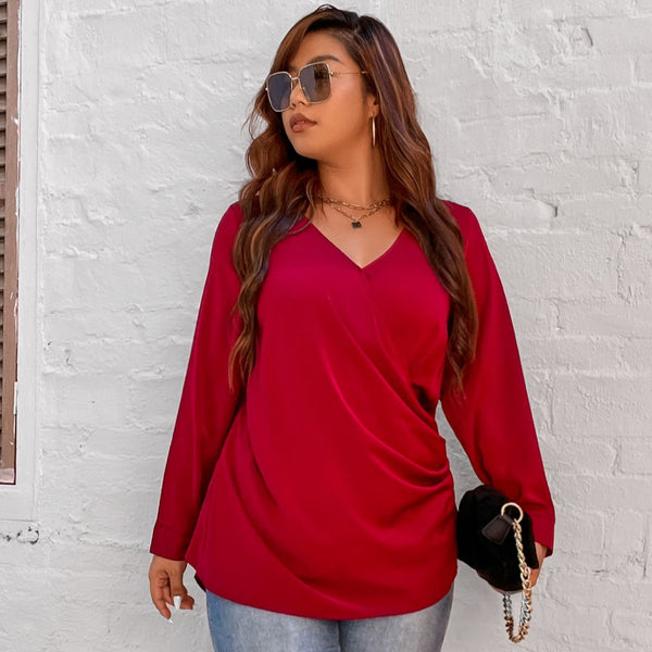 Plus Size 4XL V Neck Blouse Women's 2023 Autumn Red Elegant Oversized Loose Curvy Tops Long Sleeve Causal Solid T Shirts