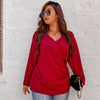 Plus Size 4XL V Neck Blouse Women's 2023 Autumn Red Elegant Oversized Loose Curvy Tops Long Sleeve Causal Solid T Shirts