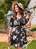 Plus Size 4XL Women Summer 2023 Black Floral Print Midi Dress Loose Half Sleeve V Neck Causal Curvy Chic Elegant Ladies Dresses