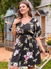 Plus Size 4XL Women Summer 2023 Black Floral Print Midi Dress Loose Half Sleeve V Neck Causal Curvy Chic Elegant Ladies Dresses