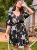 Plus Size 4XL Women Summer 2023 Black Floral Print Midi Dress Loose Half Sleeve V Neck Causal Curvy Chic Elegant Ladies Dresses