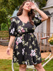Plus Size 4XL Women Summer 2023 Black Floral Print Midi Dress Loose Half Sleeve V Neck Causal Curvy Chic Elegant Ladies Dresses