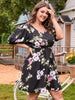 Plus Size 4XL Women Summer 2023 Black Floral Print Midi Dress Loose Half Sleeve V Neck Causal Curvy Chic Elegant Ladies Dresses