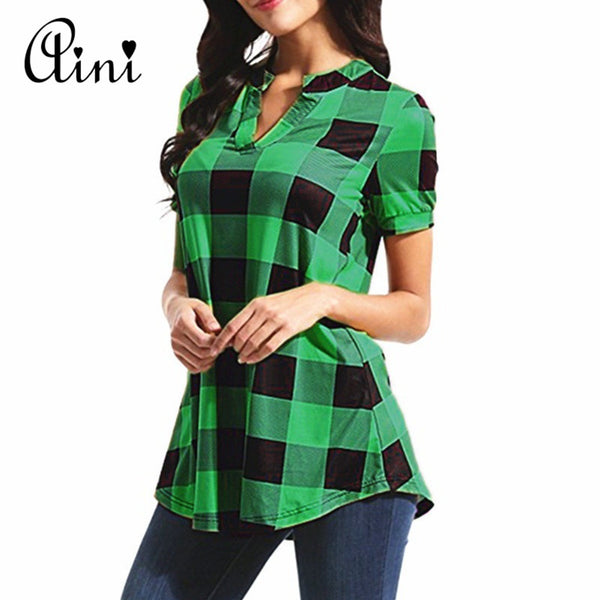 Plus Size 5XL 2022 Fashion Summer Women Blouse and shirts Short Sleeves Loose Casual Ladies Plaid Tops Shirts Feminine Blusas