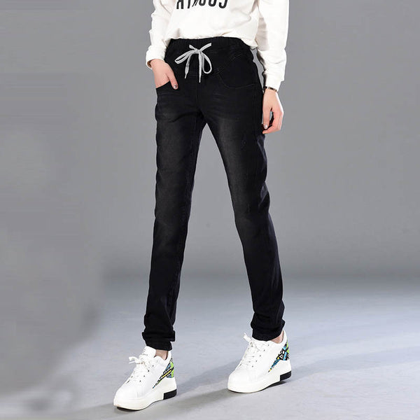 Plus Size 5XL Jeans Woman Lace Up Boyfriend Jeans Women Harem Pants Stretch Jeans Femme Long Pants Denim Trousers Women C4532