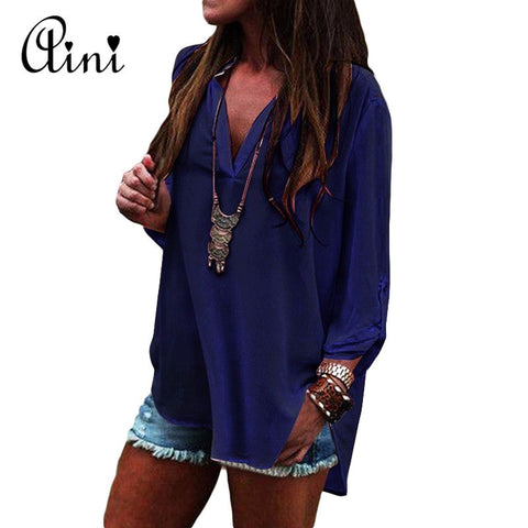 Plus Size 5XL Women Tops and Blouse 2022 Elegant Long Casual Loose Sleeve Solid V-neck Chiffon Blouse Female Shirts Blouses Tops