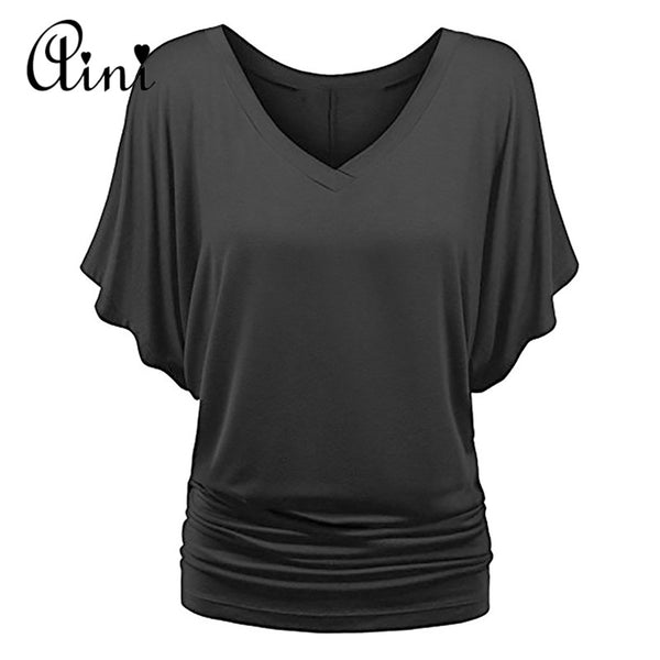 Plus Size 5XL Women Tops and Blouse 2022 Summer Autumn Short Bat Sleeve Solid V-neck Loose Blouse Female Casual Shirts Blouses