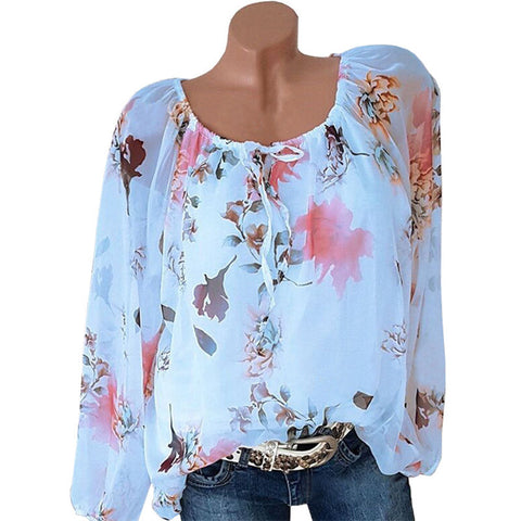 Plus Size 5XL Women Tops and Blouses 2022 Autumn Casual Long Sleeve Print O-neck Lace Up Chiffon Blouse Female Loose Shirts Top