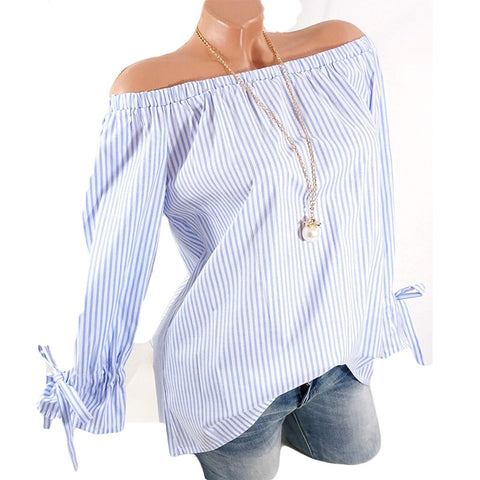 Plus Size 5XL Women Tops and Blouses 2022 Autumn Elegant Long Sleeve Striped Off Shoulder Blouse Female Casual Loose Shirts Top