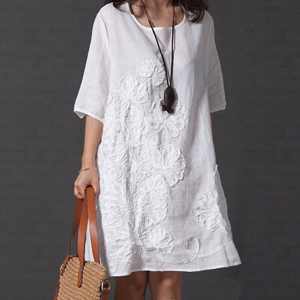 Plus Size 5XL Women's Embroidery Midi Dress Half Sleeve O-neck Loose Solid Dresses For Women 2022 Summer Female Casual Clothes