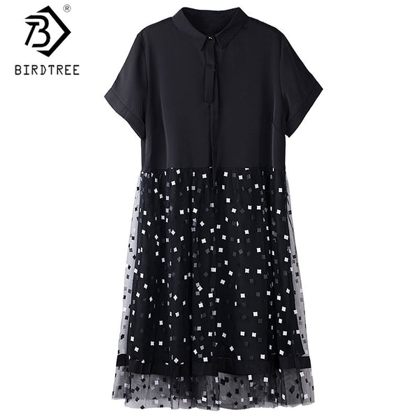 Plus Size A-Line Patchwork Women Dress Spring Summer Short Sleeve Printing Ladies Loose Midi Shirt Dress D0D325N