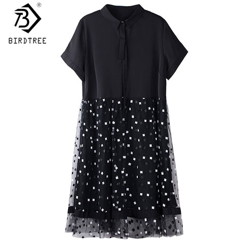 Plus Size A-Line Patchwork Women Dress Spring Summer Short Sleeve Printing Ladies Loose Midi Shirt Dress D0D325N