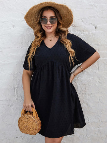 Plus Size Black Dress for Women Short Sleeve 2023 Autumn Clothing V Neck A Line Elegant Cotton Casual Loose Midi Tunic Dresses