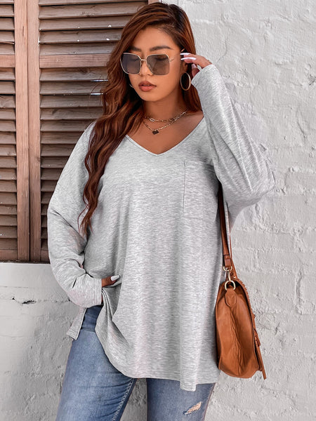 Plus Size Blouse Tops Women Autumn Summer 2023 Grey Solid Pocket Long Sleeve Clothing Loose Oversized Ladies Large T-shirts 4xl