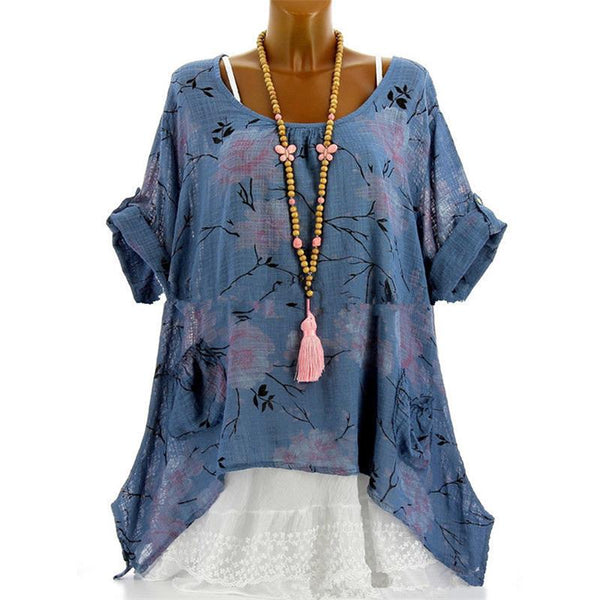 Plus Size Blouses Linen Cotton Women Tops Casual Printed Loose Summer Elegant Shirt Female O neck Short Sleeve Blusas Mujer 2022
