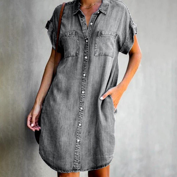 Plus Size Dresses for Women Turn Down Collar Short Sleeve Denim Dress with Pockets Loose Casual Shirt Dress Midi Dress for Women