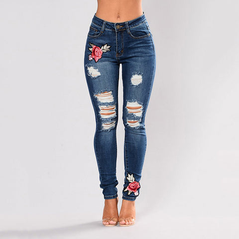 Plus Size Embroidery High Waist Woman Jeans Skinny Casual Vintage Ripped Pants Stretch Pencil Bottom Elastic Denim Trousers