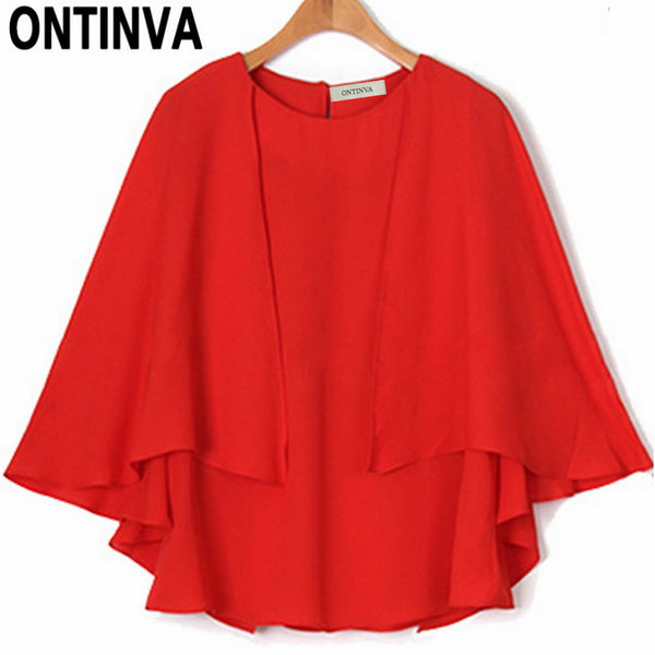 Plus Size Fashion Womens Chiffon Blouse Tunics Tops Red Navy Blue Basic Shirts with Batwing Sleeve 6XL 5XL Clothing Blusas