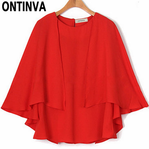 Plus Size Fashion Womens Chiffon Blouse Tunics Tops Red Navy Blue Basic Shirts with Batwing Sleeve 6XL 5XL Clothing Blusas