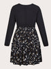 Plus Size Floral Print Midi Dress 2023 Autumn 4XL Patchwork Deep Blue Long Sleeve Elegant Casual Dresses Women Large Clothing