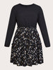 Plus Size Floral Print Midi Dress 2023 Autumn 4XL Patchwork Deep Blue Long Sleeve Elegant Casual Dresses Women Large Clothing