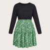 Plus Size Floral Print Midi Dress 2023 Autumn 4XL Patchwork Deep Blue Long Sleeve Elegant Casual Dresses Women Large Clothing