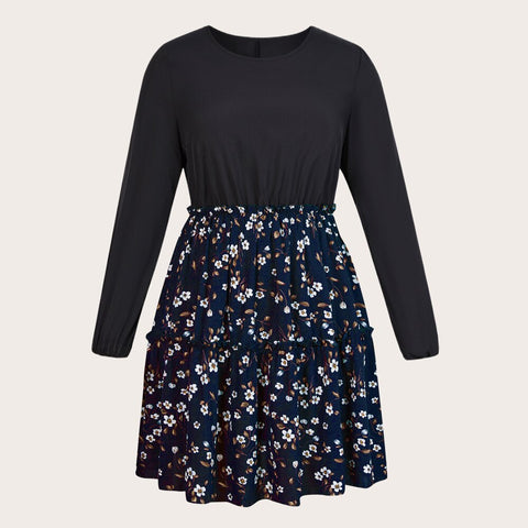Plus Size Floral Print Midi Dress 2023 Autumn 4XL Patchwork Deep Blue Long Sleeve Elegant Casual Dresses Women Large Clothing